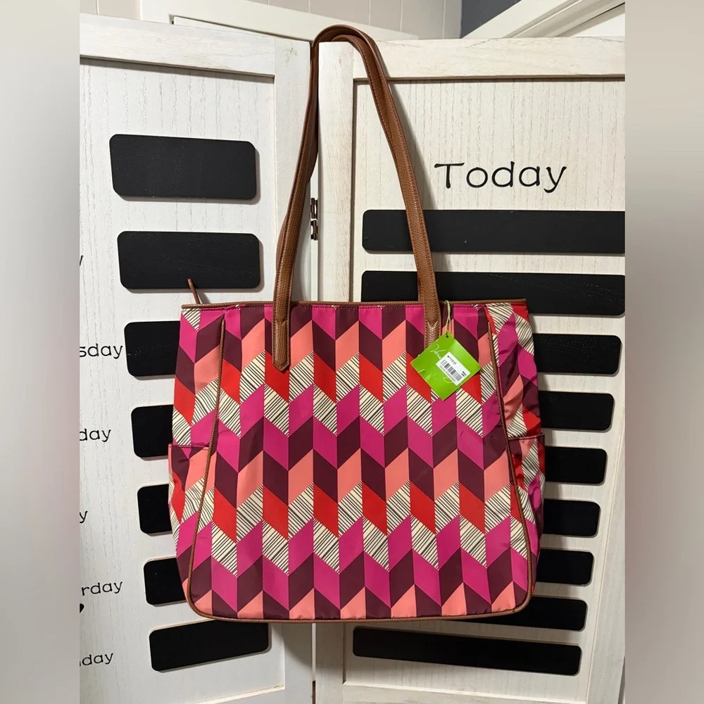 Vera Bradley Pink and Brown Geometric Tote - Picture 2 of 3